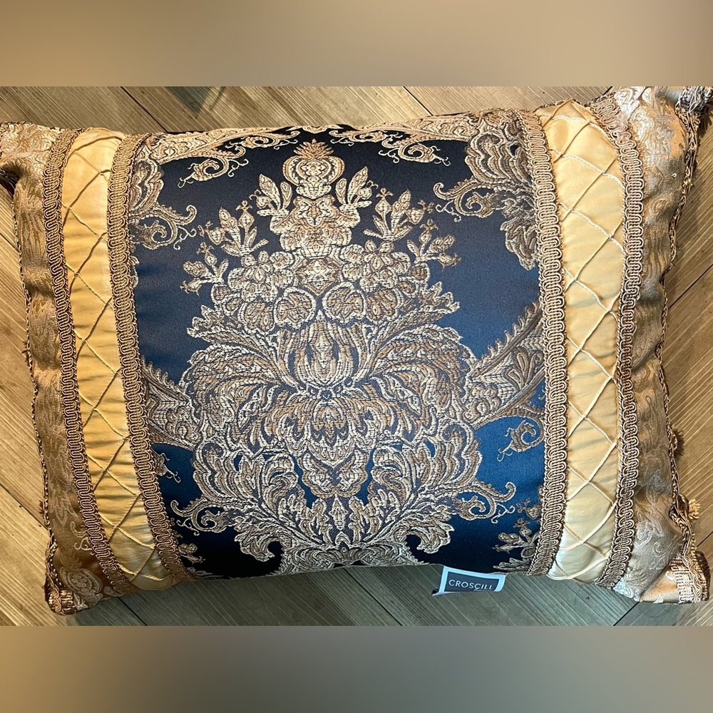 Vintage Croscill Decorative Pillow w/Blue & Gold Embroidery & Gold Tassels